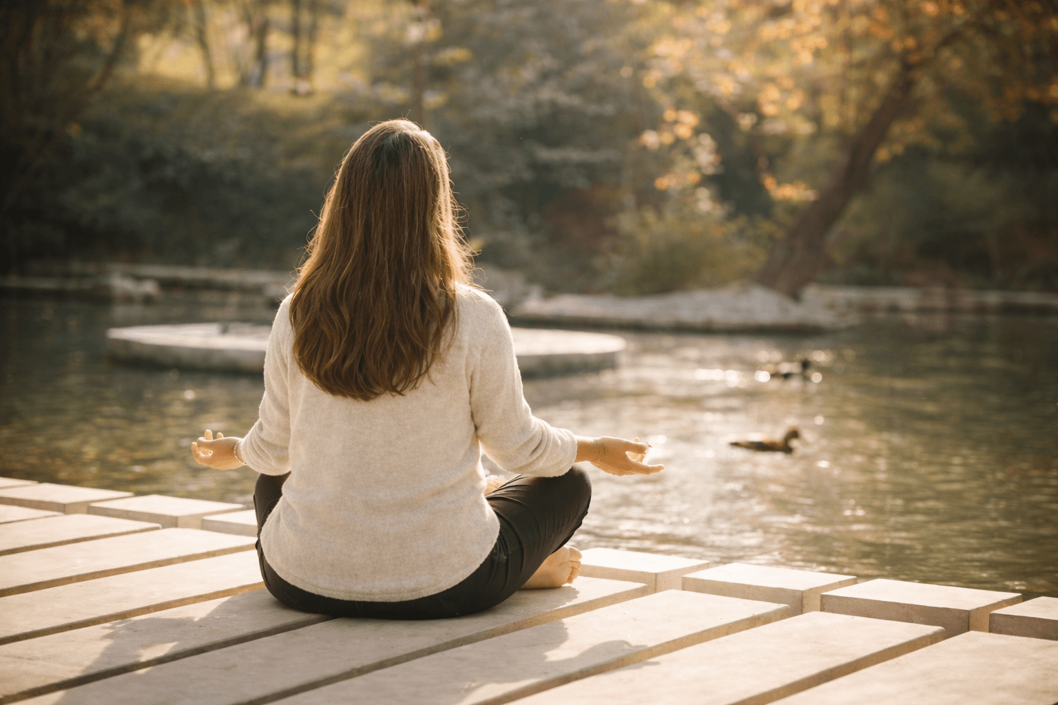 Woman meditating peacefully by the water