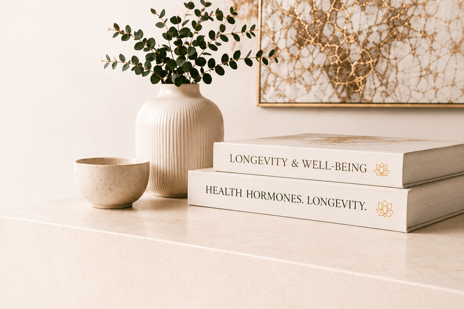 A calm still life with books on longevity and well-being beside a vase of eucalyptus