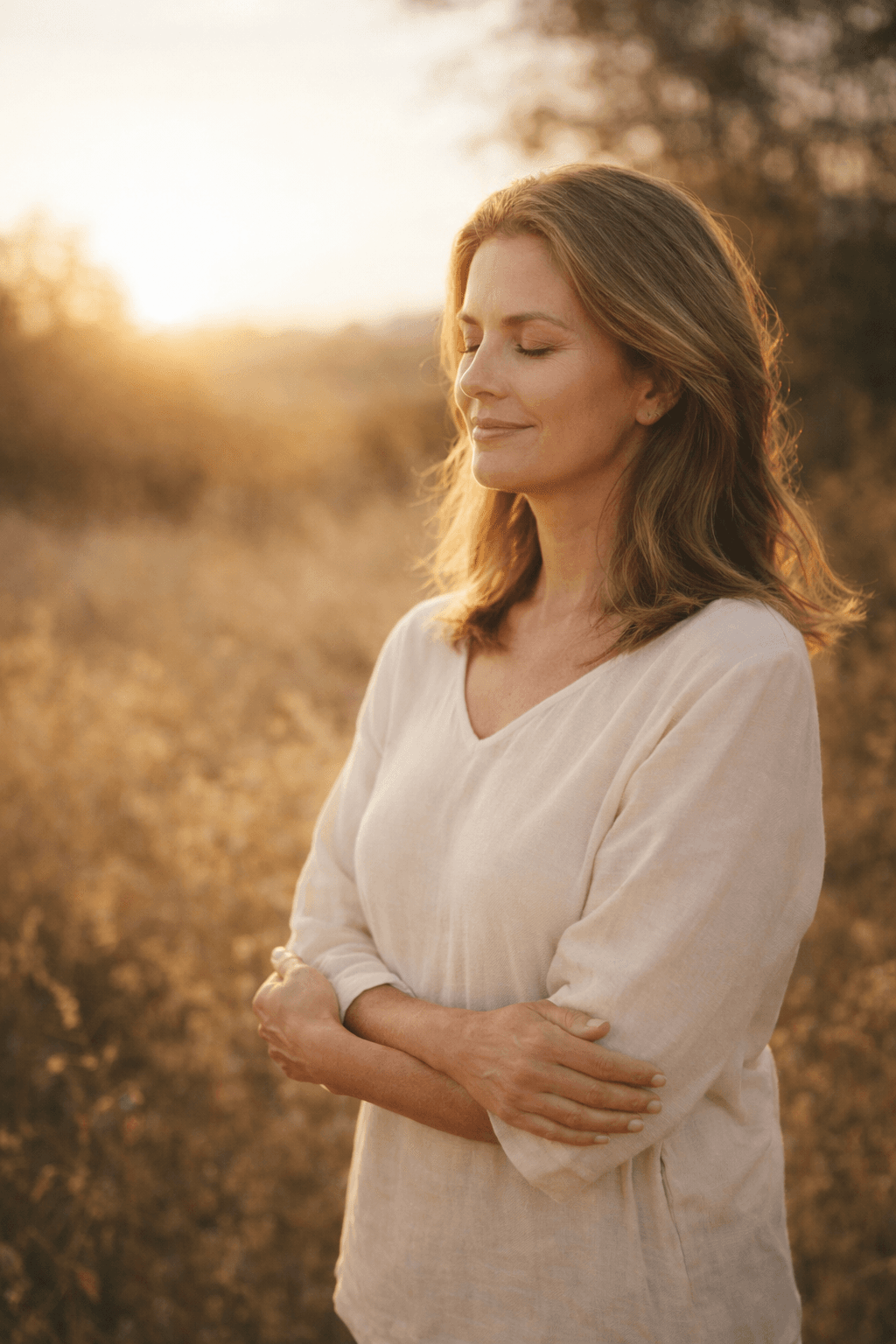 Woman peaceful in golden field