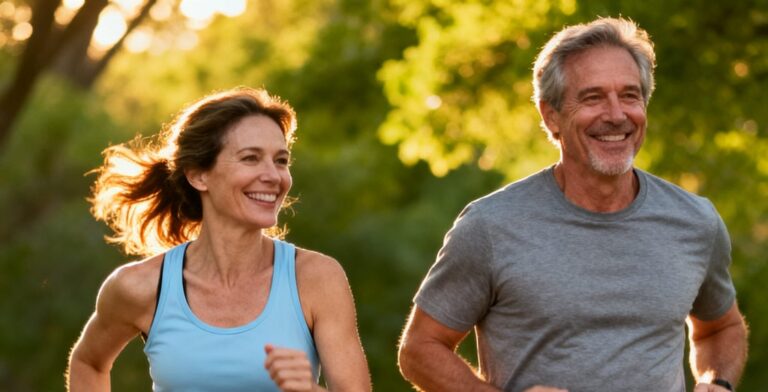 Fit man and woman in their 40s running together outdoors — active midlife metabolic health