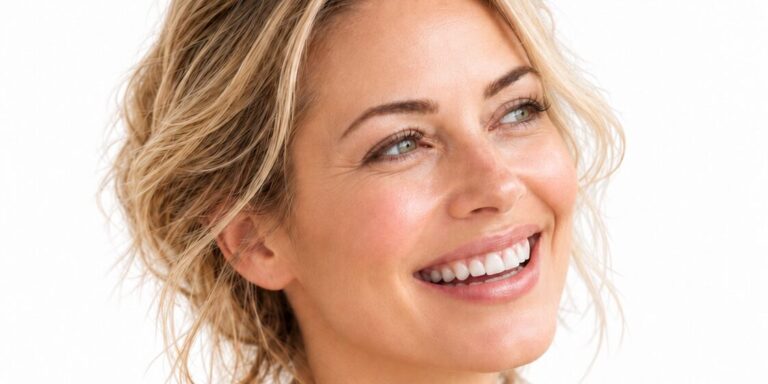 Smiling woman in midlife with natural expression lines, illustrating the evidence on HRT, estriol, and copper peptide for menopause skin